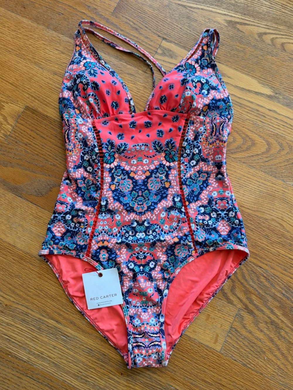 Red Carter One-Piece Cross Back Floral Medallion Swimsuit - NWT W10